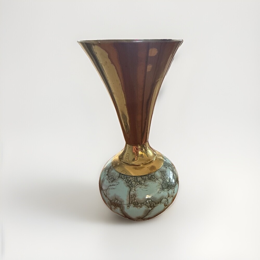 Vintage MCM Hand Painted Brass Turquoise Aqua Porcelain Bud Vase Holland K3